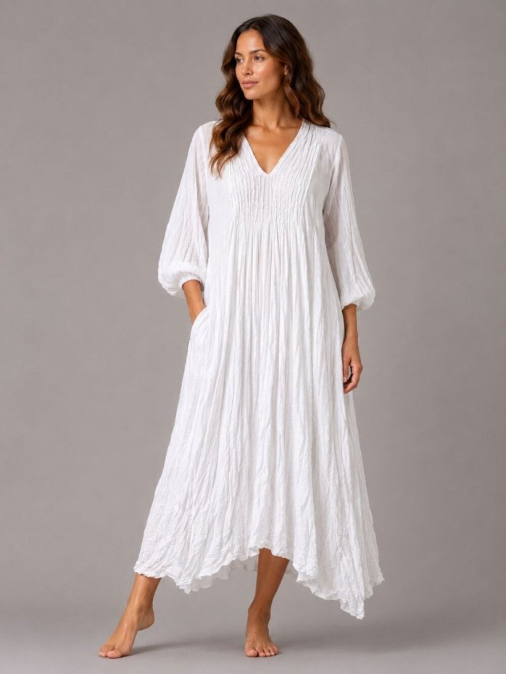 NEW White Cotton Maxi Dress One Size Boho Crinkle Lagenlook Oversized Thailand